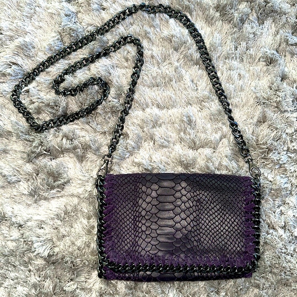 Italian leather reptile print charcoal metal chain purple bag purse cross body